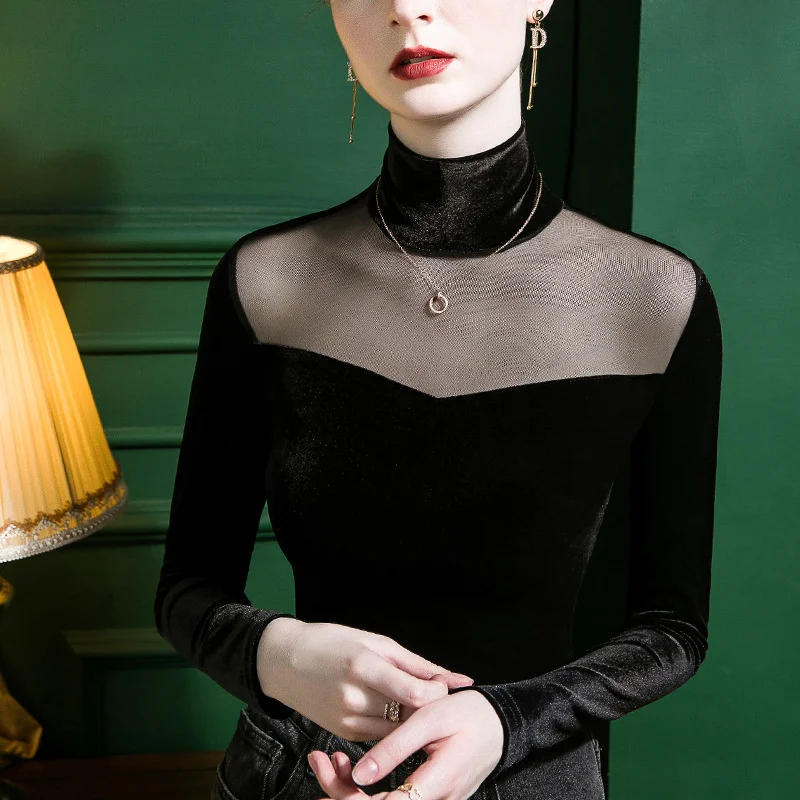 

#5974 High Collar Mesh Velvet Splice Bottomiing Shirt Women's Slim Sexy Elegant Vintage Tight Autumn Winter Top T-Shirt Women