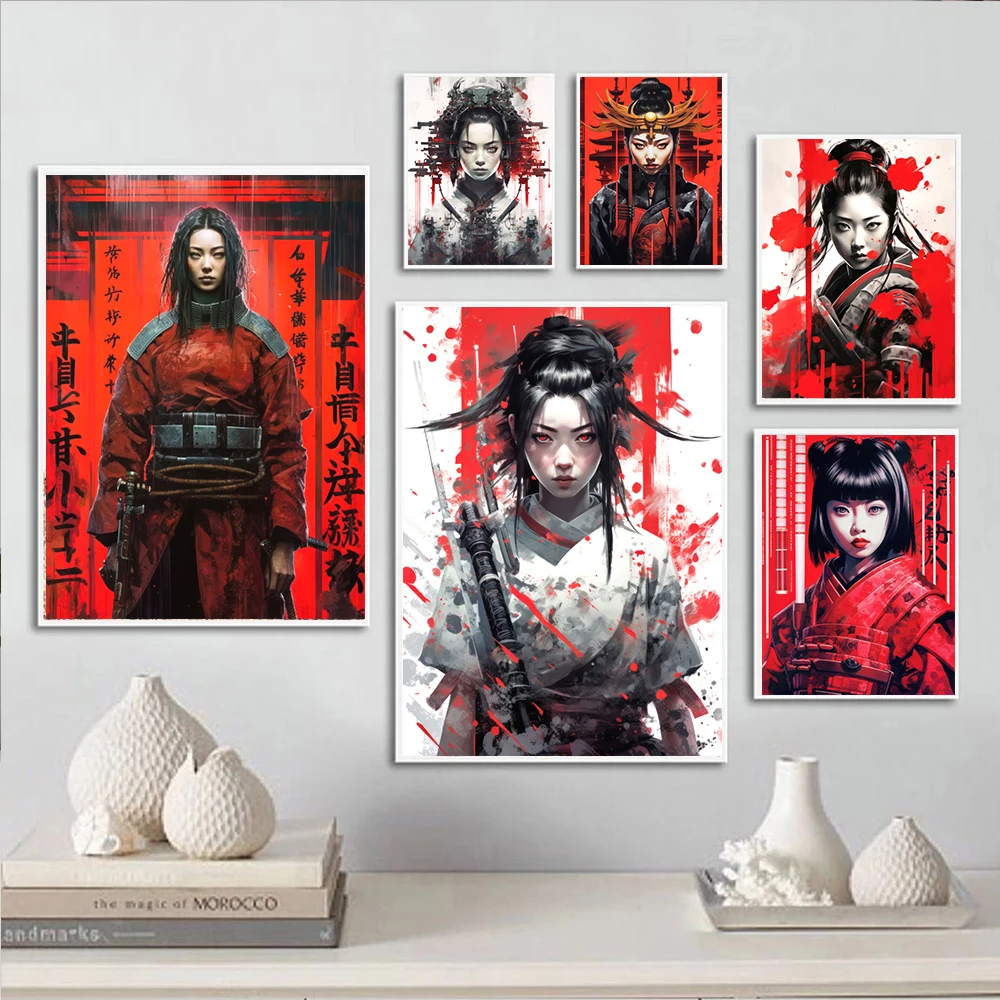 Японская Картина на холсте в стиле киберпанк самурайская девушка настенные