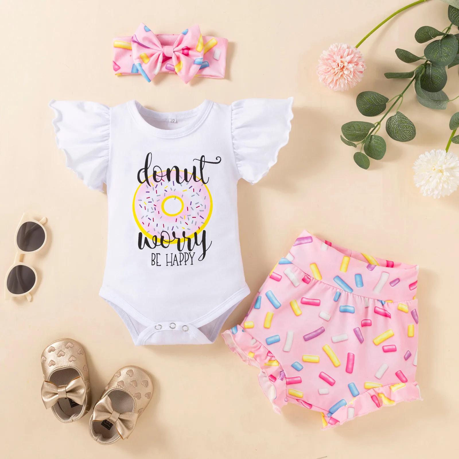 

Одежда для новорожденных 0-24 месяцев, комплекты одежды для маленьких девочек, летняя одежда, комбинезон с рукавами-летячими буквами + шорты + искусственная одежда