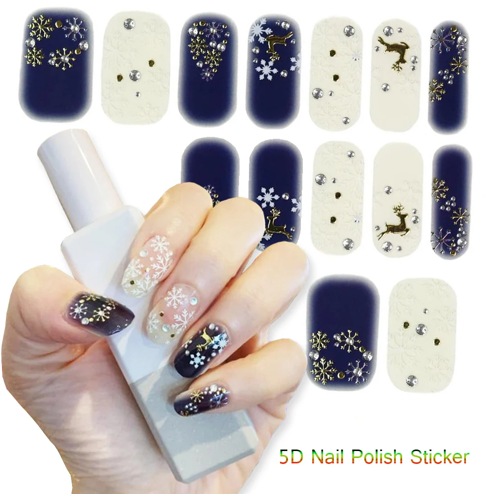 

14Pcs/sheet Nail Polish Sticker Adhesive Wraps Imitation Diamond/Rivet Nails Art Strips Decorations 5D Bronzing Full Wrap Decal
