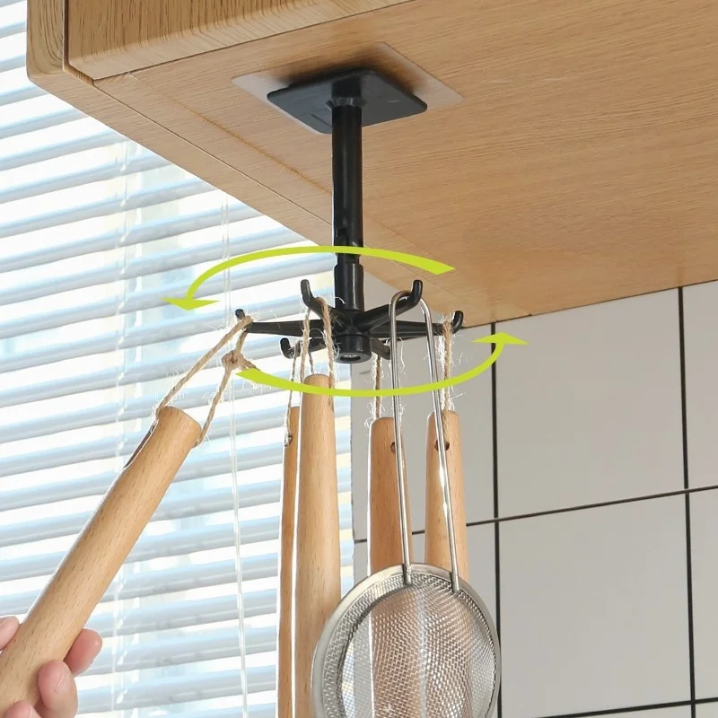 

360° Rotatable Kitchen Utensils Punch-free Six-jaw Wall Hooks Oversized Weighing Hanger Bathroom Rack Waterproof Home Storage