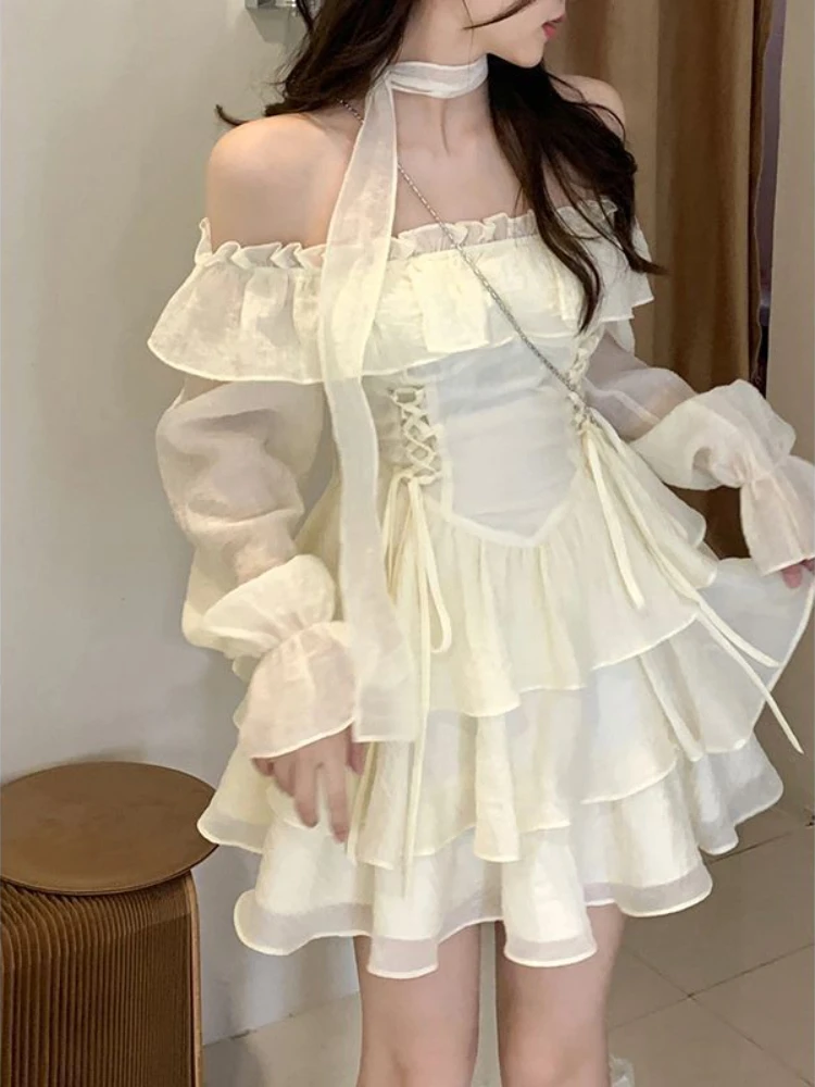 

2023 Summer Elegant Ruffles Fairy Dress Women Casual Sweet Lolita Party Dress Long Sleeve One Piece Dress Korean Female Fashion