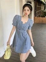 qweek denim mini dress women summer korean fashion casual wrap puff sleeve short dresses kpop 2022 square collar school