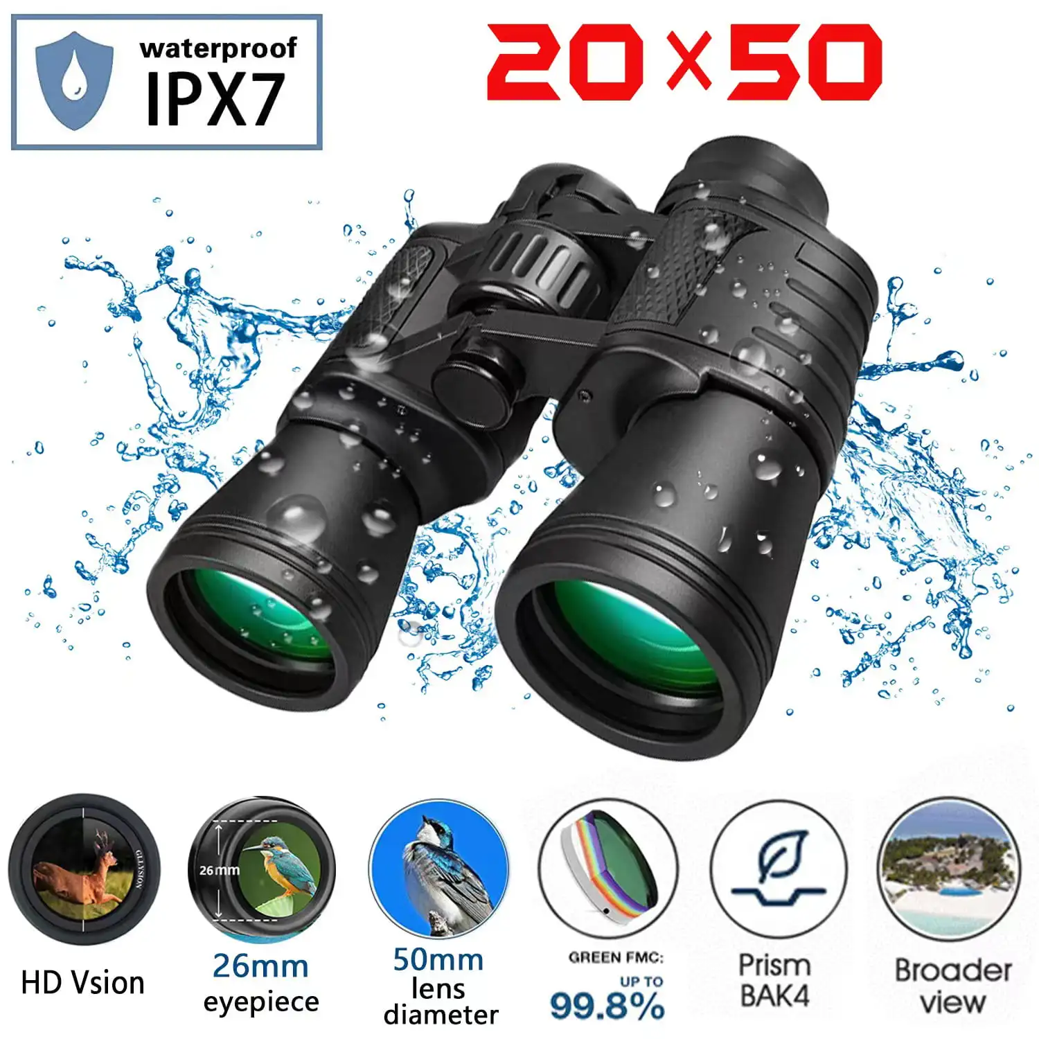 

20x50 Binoculars for Adults HD Day Light Night Binoculars with BAK4 Prism FMC Lens for Hunting Watching Concert etc IPX7 Waterp