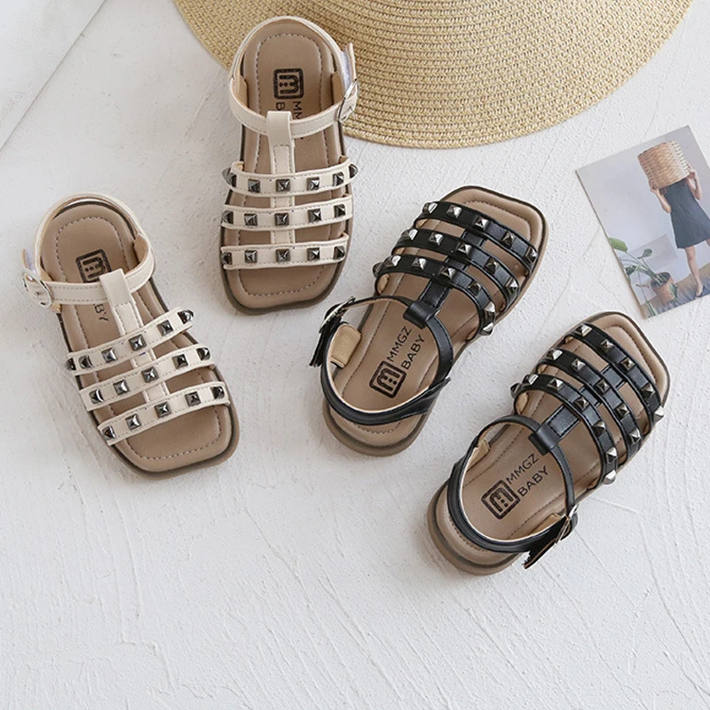

Baby Girl Shoes For Kids Sandals Summer Toddler Black Fashion Leather Rivets Flat Sandalias Children Shoes For Girls 1-10 Years