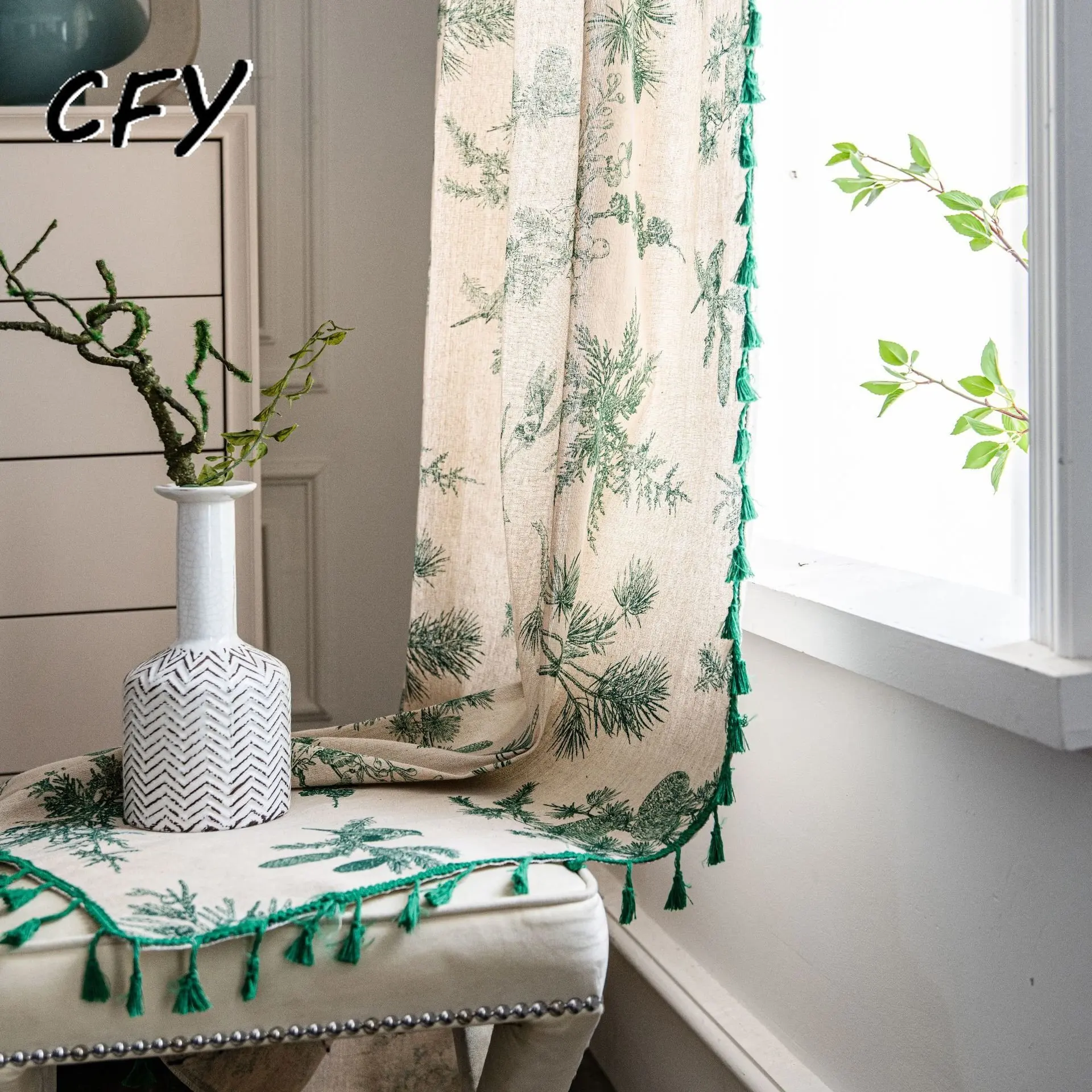 

Cotton Linen American Pine Print Window Curtain with Lace for The Luxury Living Room Homestay Curtains for Living Room