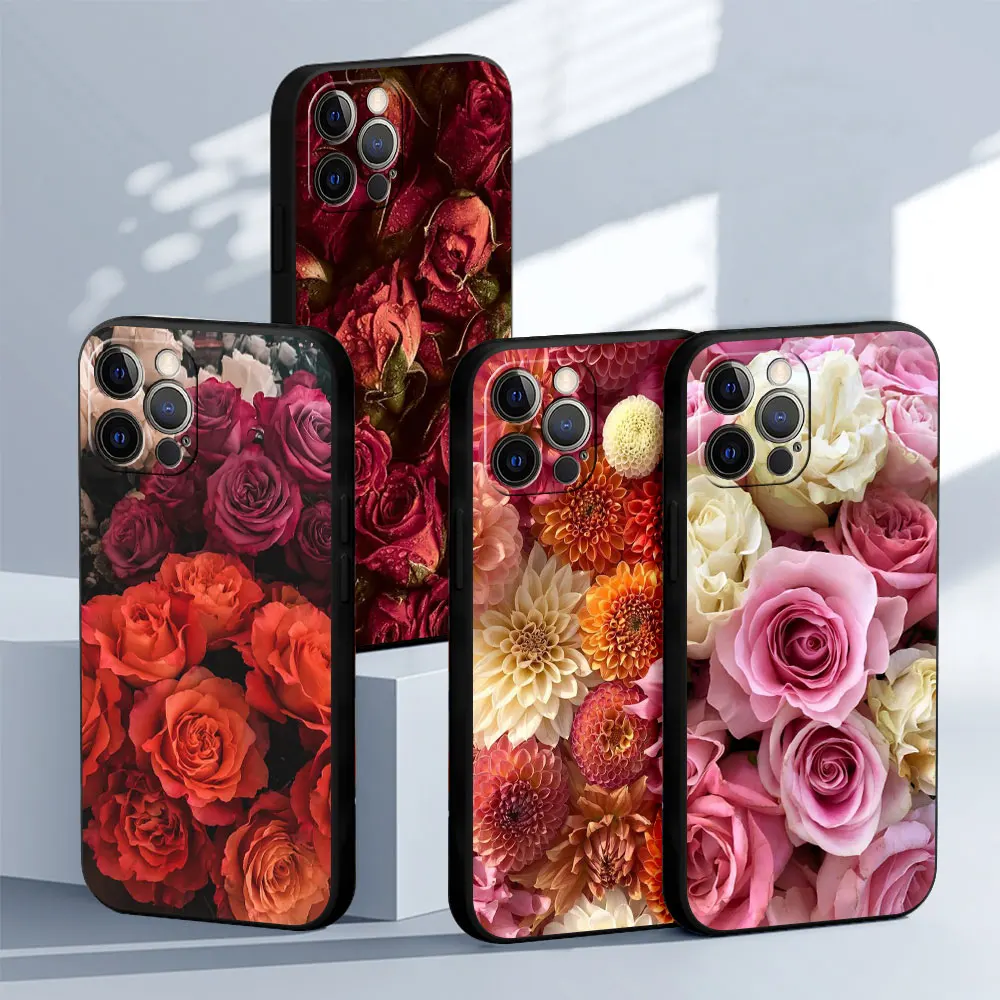 

Phone Black Soft Cover Case for iPhone 12 13 Mini 14 Plus SE 7 11 Pro Max XR 6s XS X 8 13 14 Pro Capas RedPink Flowers Roses