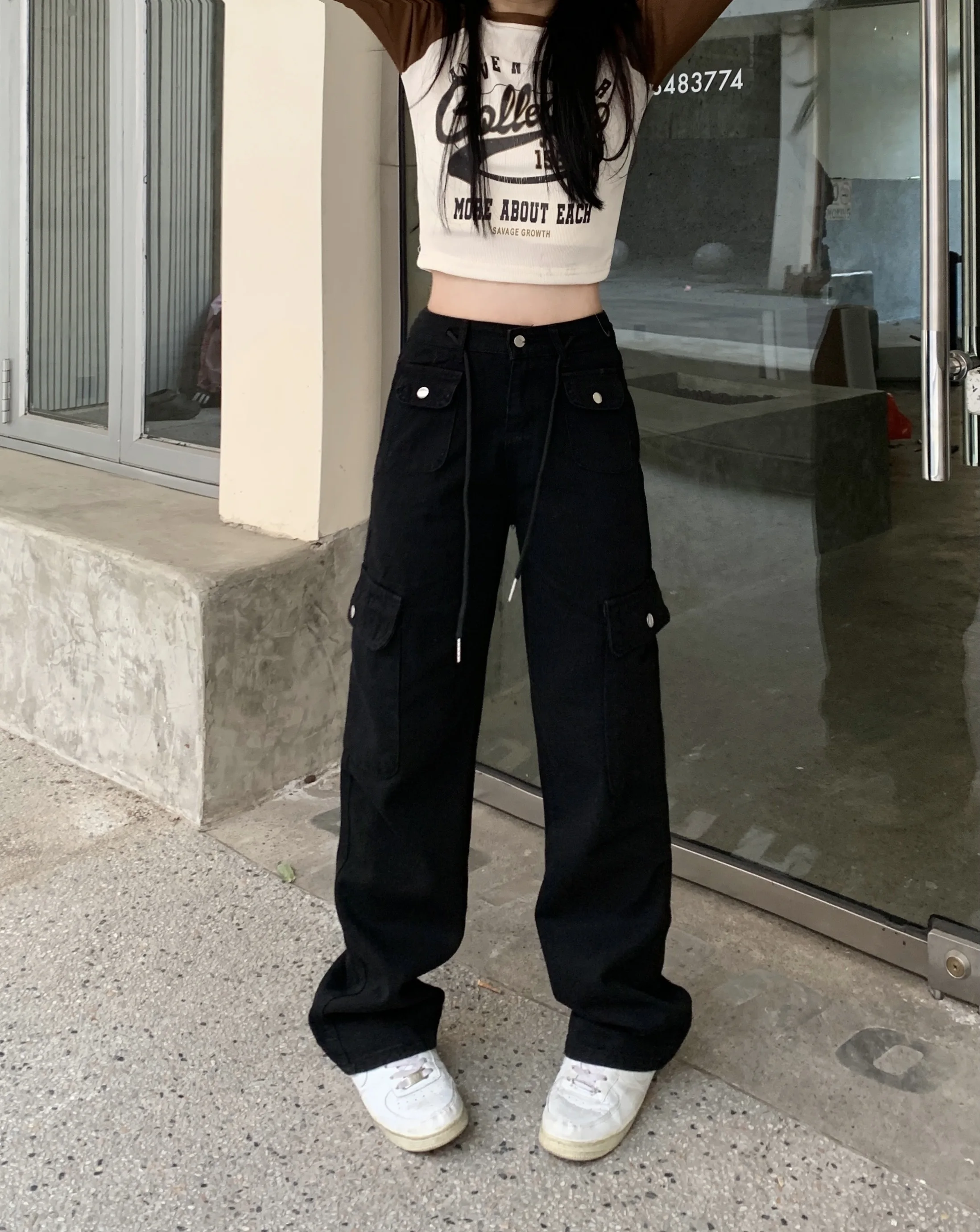 Черные Мешковатые прямые джинсы для женщин корейская мода уличная одежда