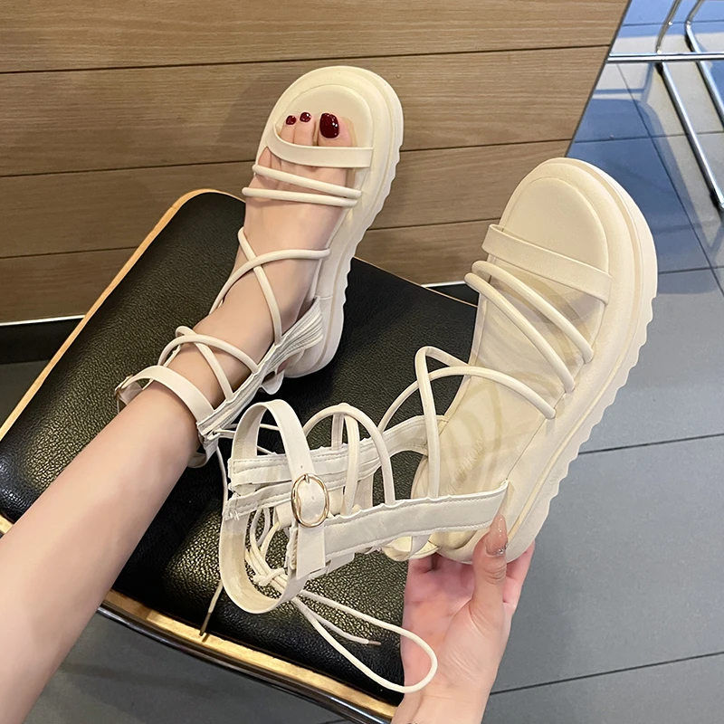 

Flat Roman Sandals Women's 2022 Summer New High-top Soft Bottom Straps Fairy Style Roman Shoes Hollow Fashion Sandals for Women