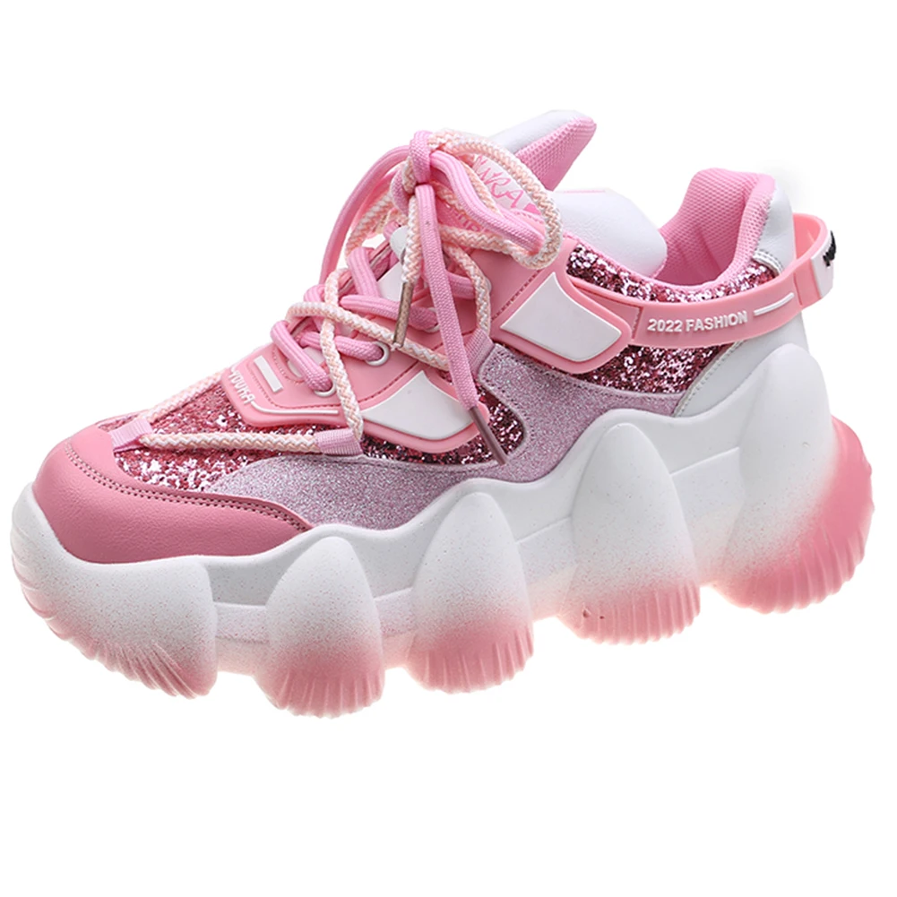 

Women Sneakers Platform Flat Flats Fashion Bling Chunky Shoes Woman Lace Up Pink 2022 Comfy Casual Footwear On Sale Brand D4-07