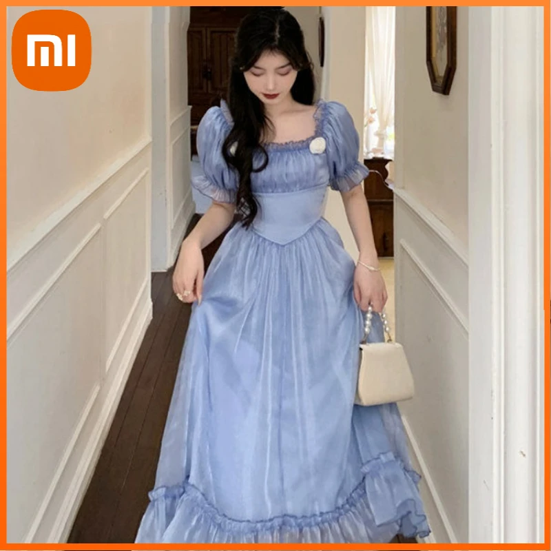 

Xiaomi Blue Princess Vintage Dress Women Elegant Bow Fairy Midi Dress Femme Sexy Backless Lace-up Court Evening Party Dress