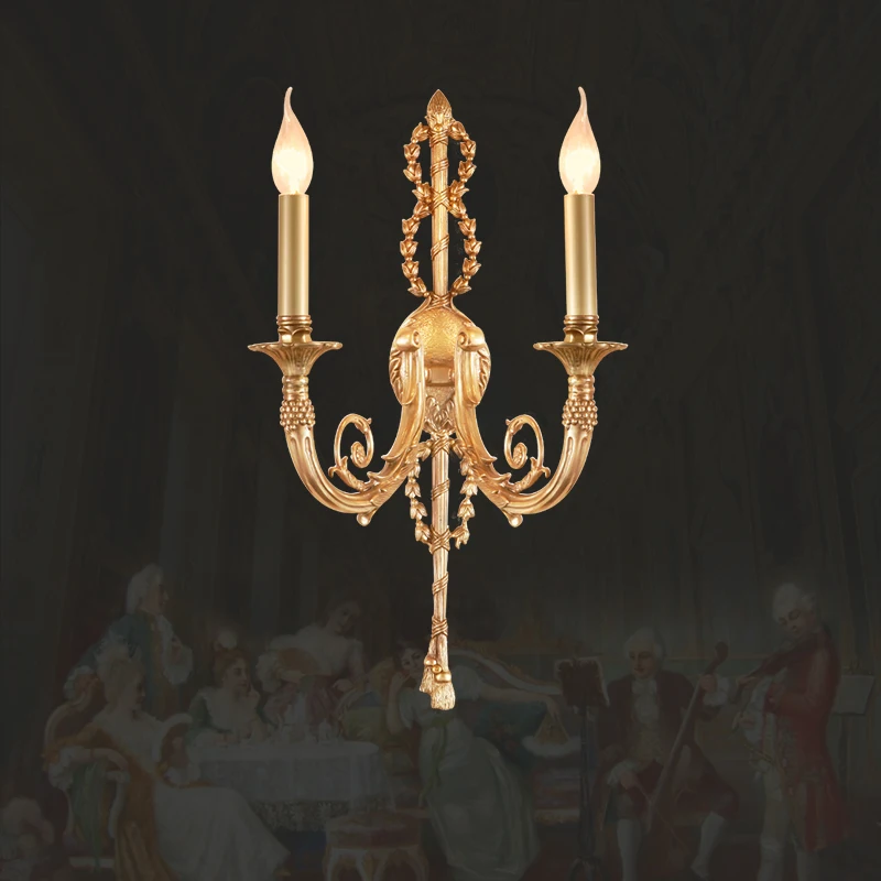 

European Golden Copper Candle Wall Lamp Living Room Staircase Bedroom Corridor E14 French Classical Brass Wall Sconce Light