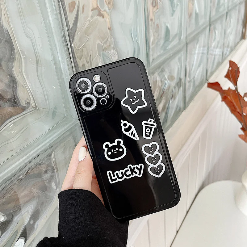 

Cute Cartoon Bear Pentagram Love Letter Personality Paint Black Shell For iphone 11 12 13 Pro Max XR X Xs 6 7 8 Plus Phone Case
