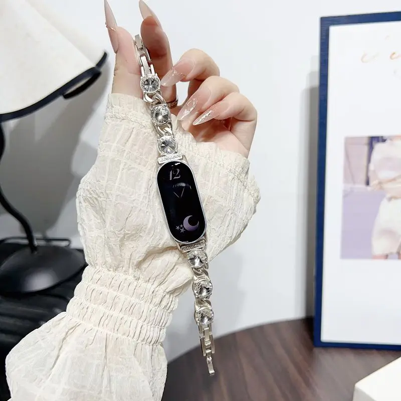 Фото Металлический ремешок с блестящими бриллиантами для Xiaomi Mi Band 10 9 8, блестящий ювелирный браслет, ремешок для Mi Band 9 10, женский браслет Repleacement №2
