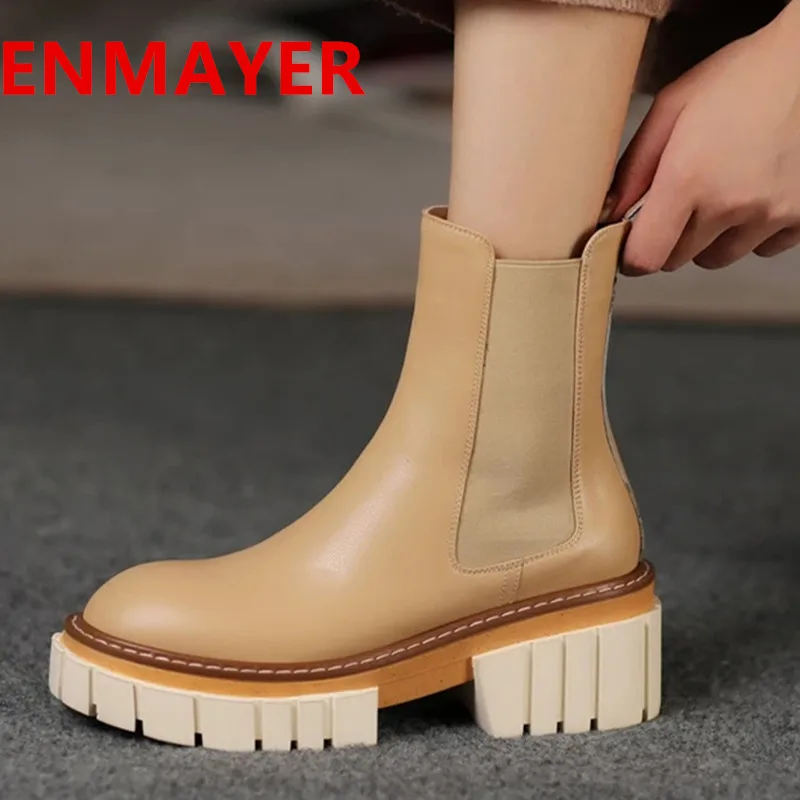 

ENMAYLA 2022 Ins New Women Ankle Boots Platforms Basic Genuine Leather Thick Heels Shoes Woman Autumn Winter Casual Ankle Boots