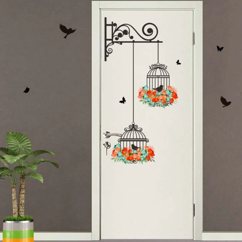 

Colorful Flower birdcage flying birds wall sticker Creative home decor living room Decals wallpaper bedroom nursery window decor