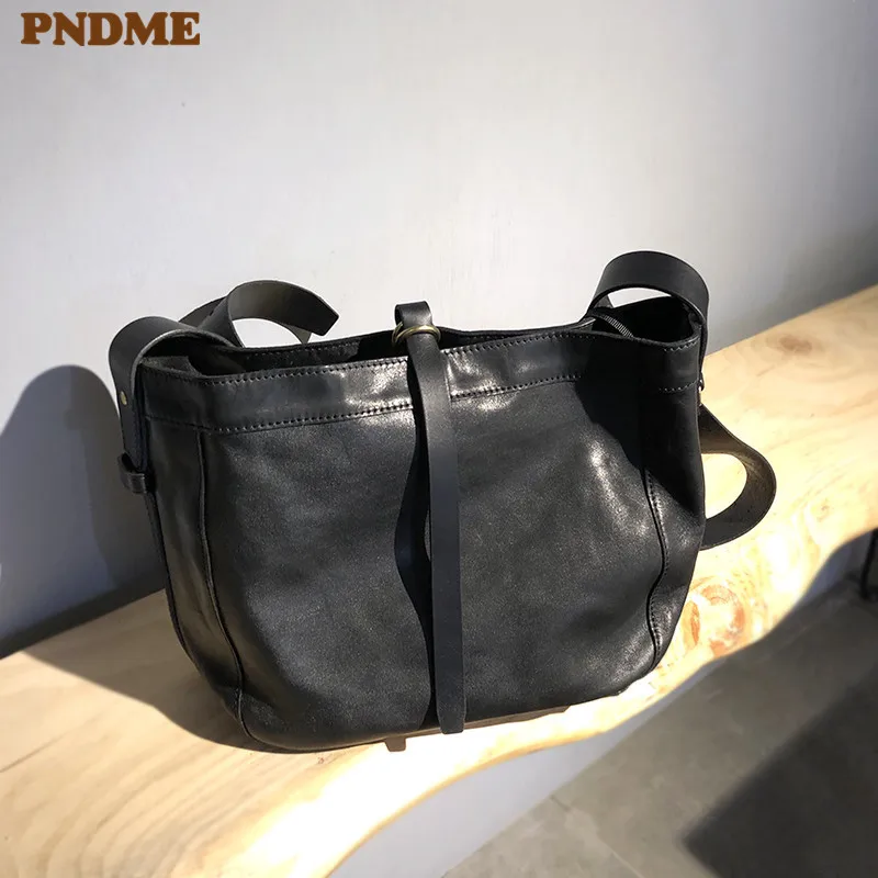 PNDME casual luxury high-quality genuine leather men's black shoulder bag organizer designer natural real cowhide crossbody bags