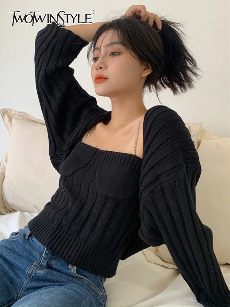 

Женский однотонный комплект из двух предметов TWOTWINSTYLE, жилет без рукавов с квадратным воротником, кардиган с длинными рукавами, облегающие к...