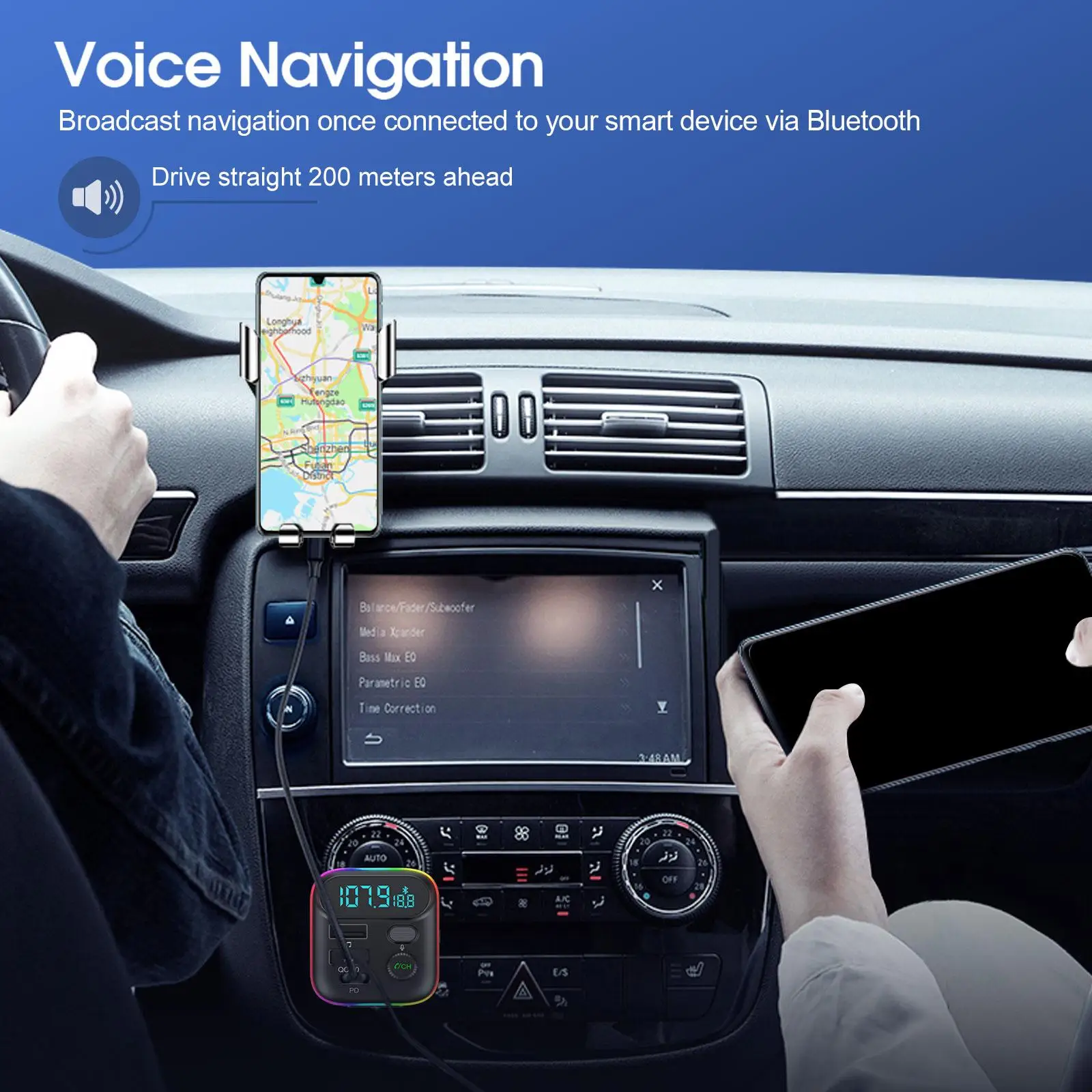 Фото Автомобильный PD 18 Вт QC3.0 с быстрой зарядкой Bluetooth 5,0, FM-передатчик, двойной плеер, музыка Type-C, красочный окружающий MP3-светильник, прикуриватель №5