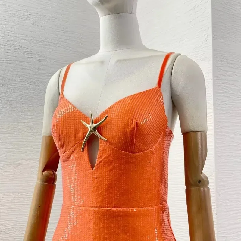 Женское платье-миди без рукавов оранжевое синее Радужное с блокировкой морской