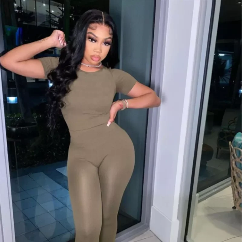 

traf za store blouses tracksuit women Solid Ribbed Two Piece Sets Women Casual Short Sleeve Tee+Leggings Skinny Slim Workout Str