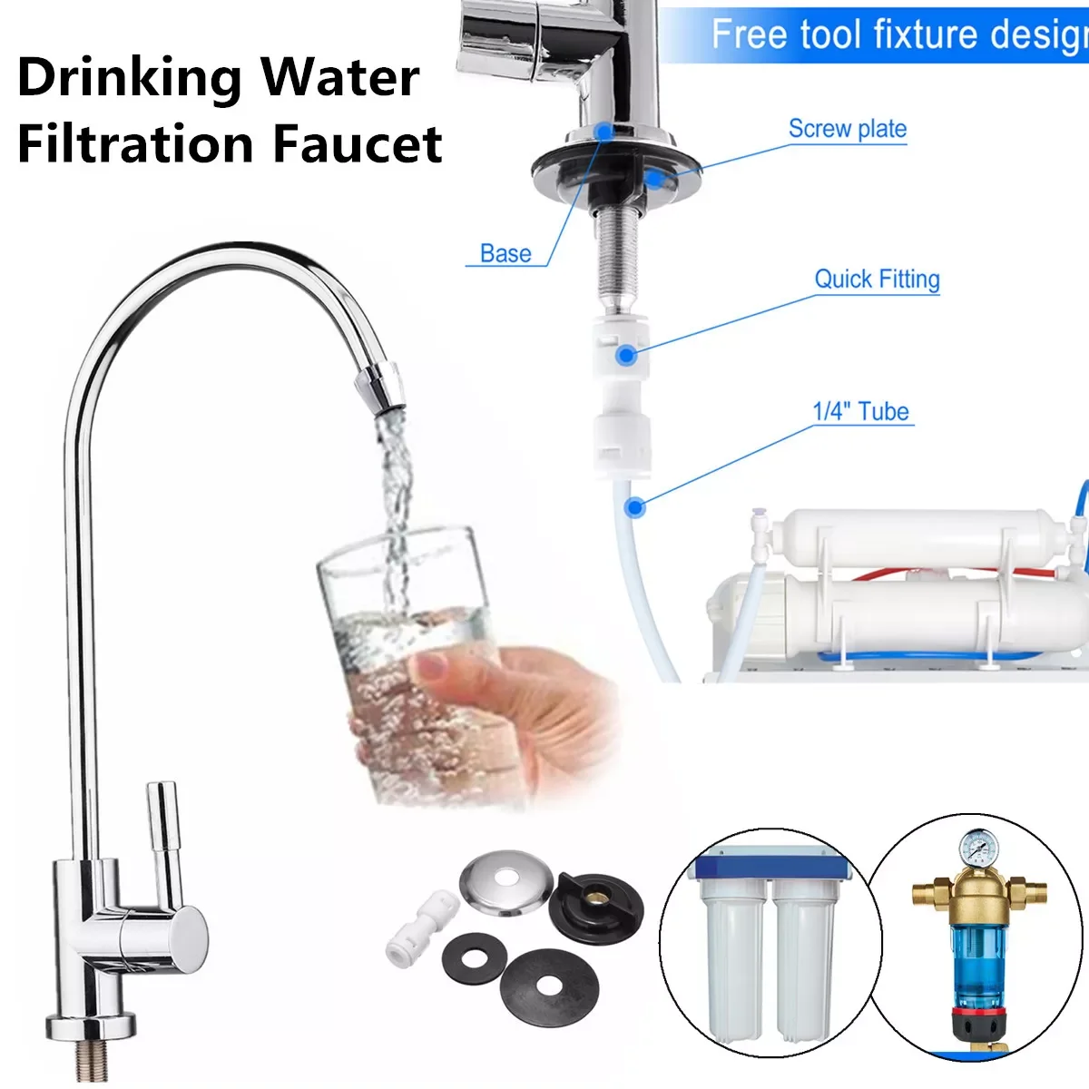 

Kitchen Water Filter Faucet Chrome Plated 1/4 Inch Connect Hose Reverse Osmosis Filters Parts Purifier Direct Drinking Tap water