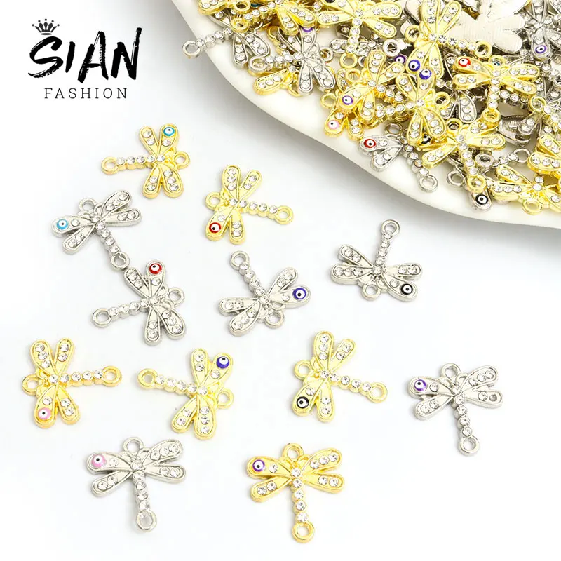 

10pcs Enamel Rhinestone Dragonfly Evil Eye Charm Connestors Gold Color Plated Alloy Pendant Charm DIY Making Bracelet Accessory