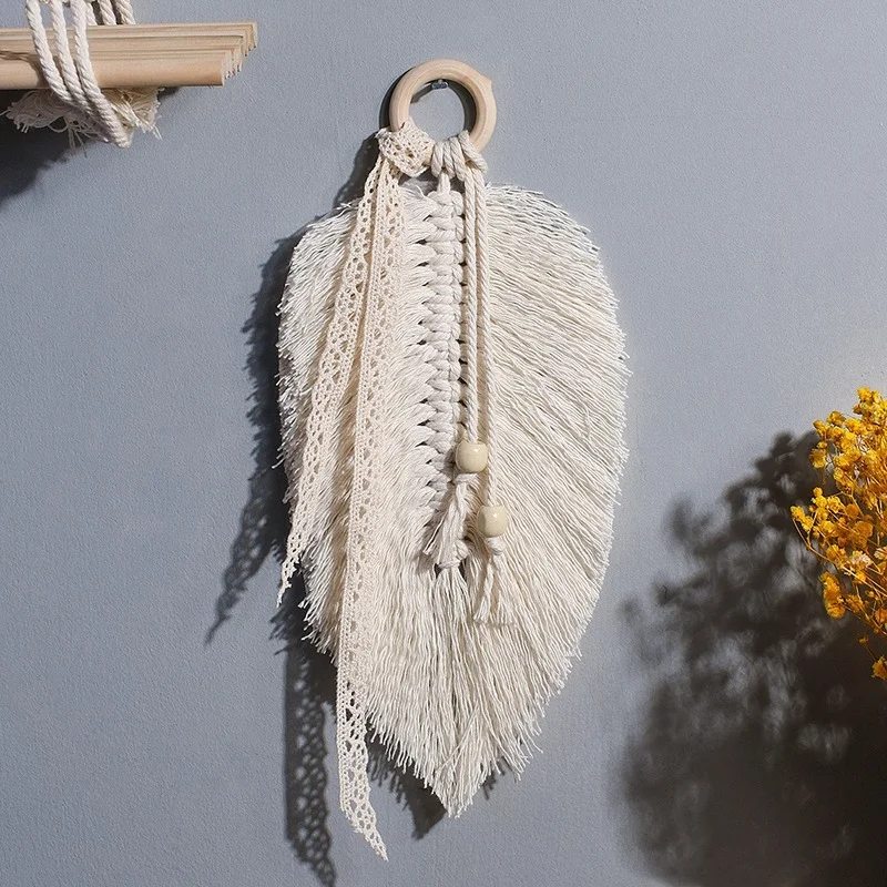 

Ins Nordic Hand-woven Feather Leaf Tapestry Living Room Homestay Tassel Cotton Rope Pendant Curtain Rope Home and Dorm Decor