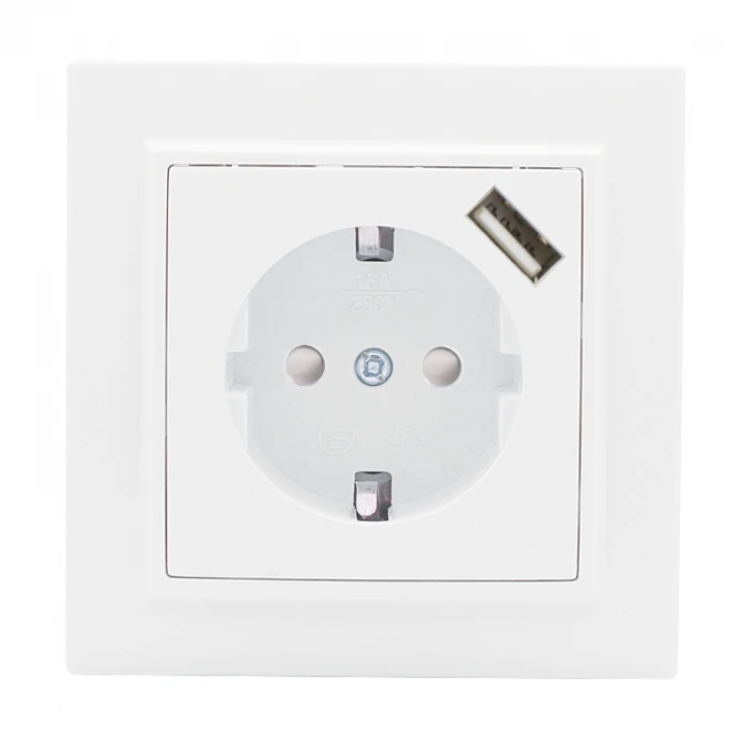 Розетка 1-местная СП с/з Минск 16А белая с защитными шторками USB код ERR16-028-100-USB EKF |