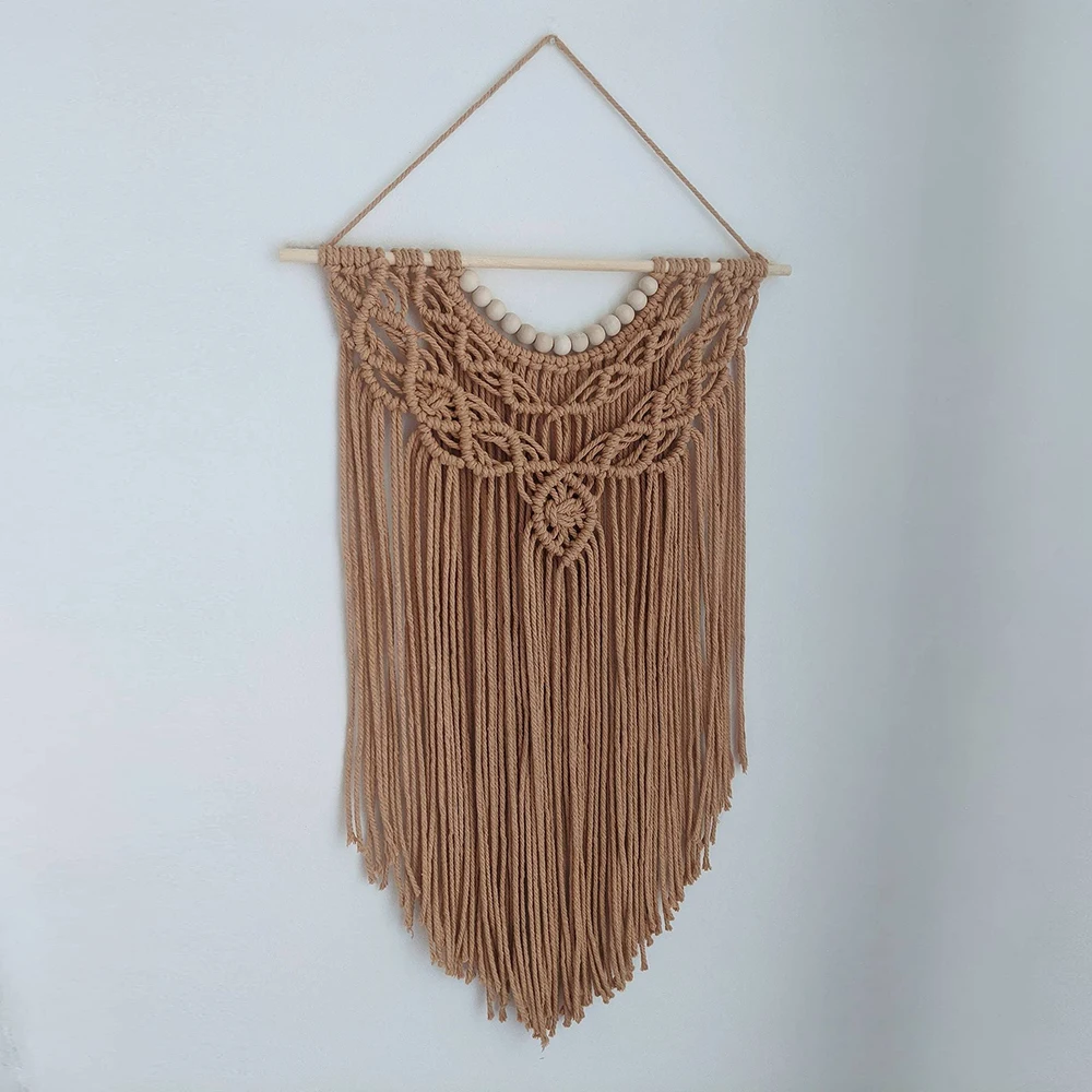 

Macrame Wall Hanging Tapestry 100% Cotton Bohemian Wall Art Hand-woven with Beads Brown Tapestry for Room Home Decor 30X50cm