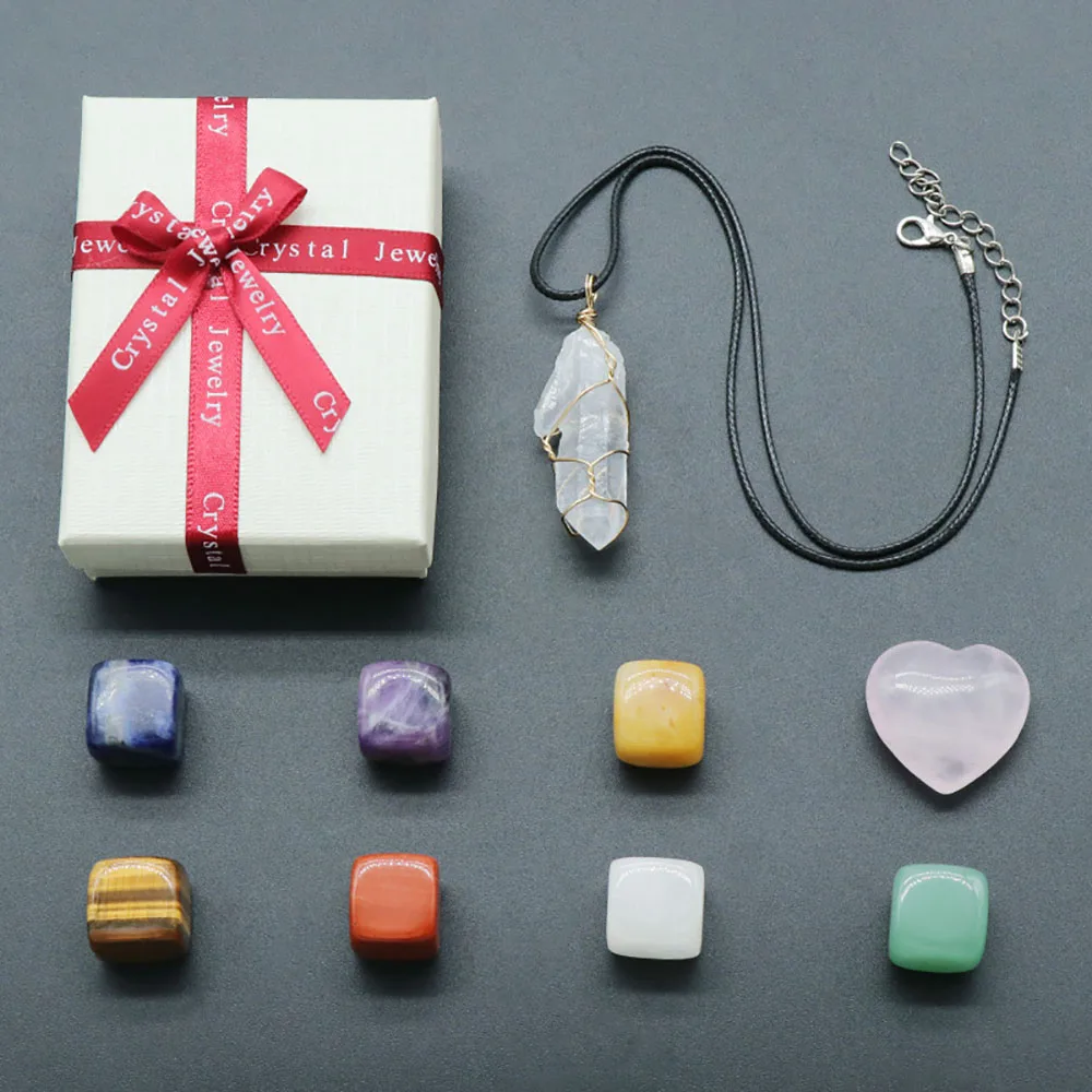 

7 Chakra Healing Crystals Kit Cubic Stones Clear Quartz Crystal Point Pendant Energy Rose Quartz Heart Yoga Meditation Gift Box