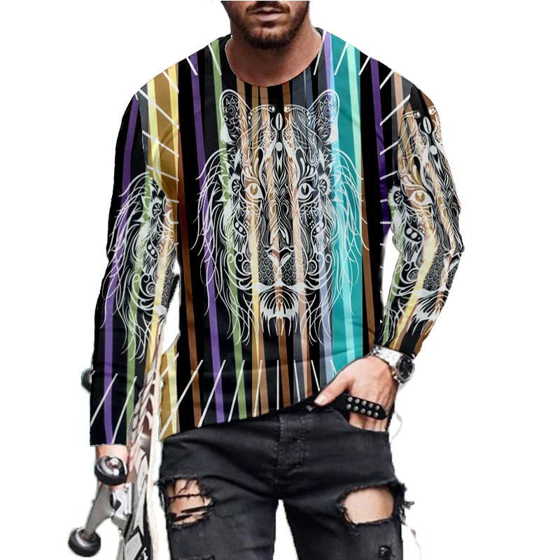 

Мужская футболка с длинными рукавами, разноцветная футболка большого размера в европейском и американском стиле с 3D-принтом полосатых букв...