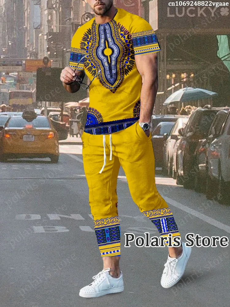 African Clothes For Men Dashiki T Shirt Trousers Traditional Wear Clothing Short Sleeve  Retro Streetwear Vintage Ethnic Style