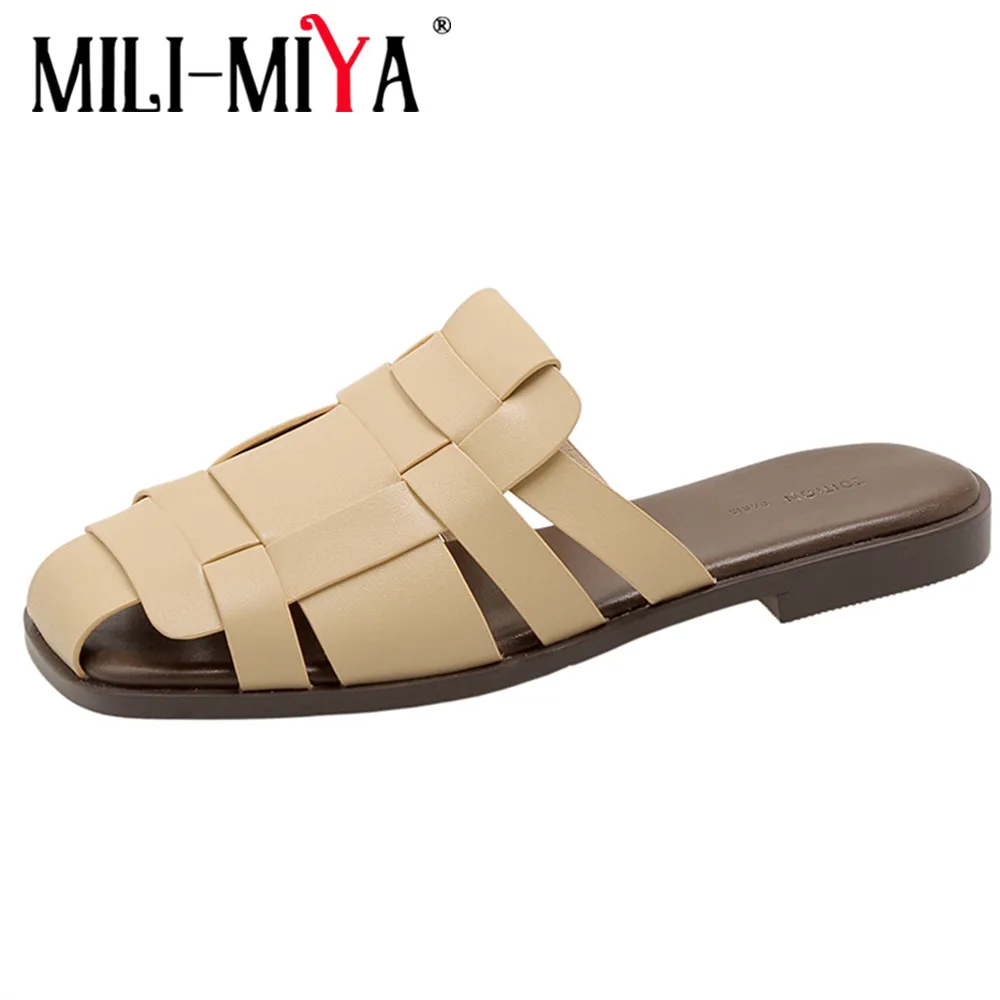 

MILI-MIYA New Arrival Women Full Genuine Leather Sandals Weave Cow Leather Slip On Solid Color Summer Low Thick Heels Shoes Hand