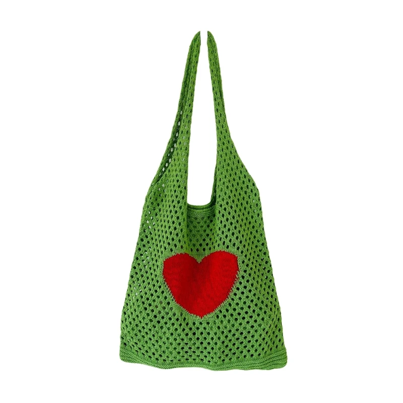 

28GD Exquisite Large Capacity Knitted Bag Stray Bag Mesh Hollow Handbag Shoulder Bag Heart Tote Bag for Vacation Party