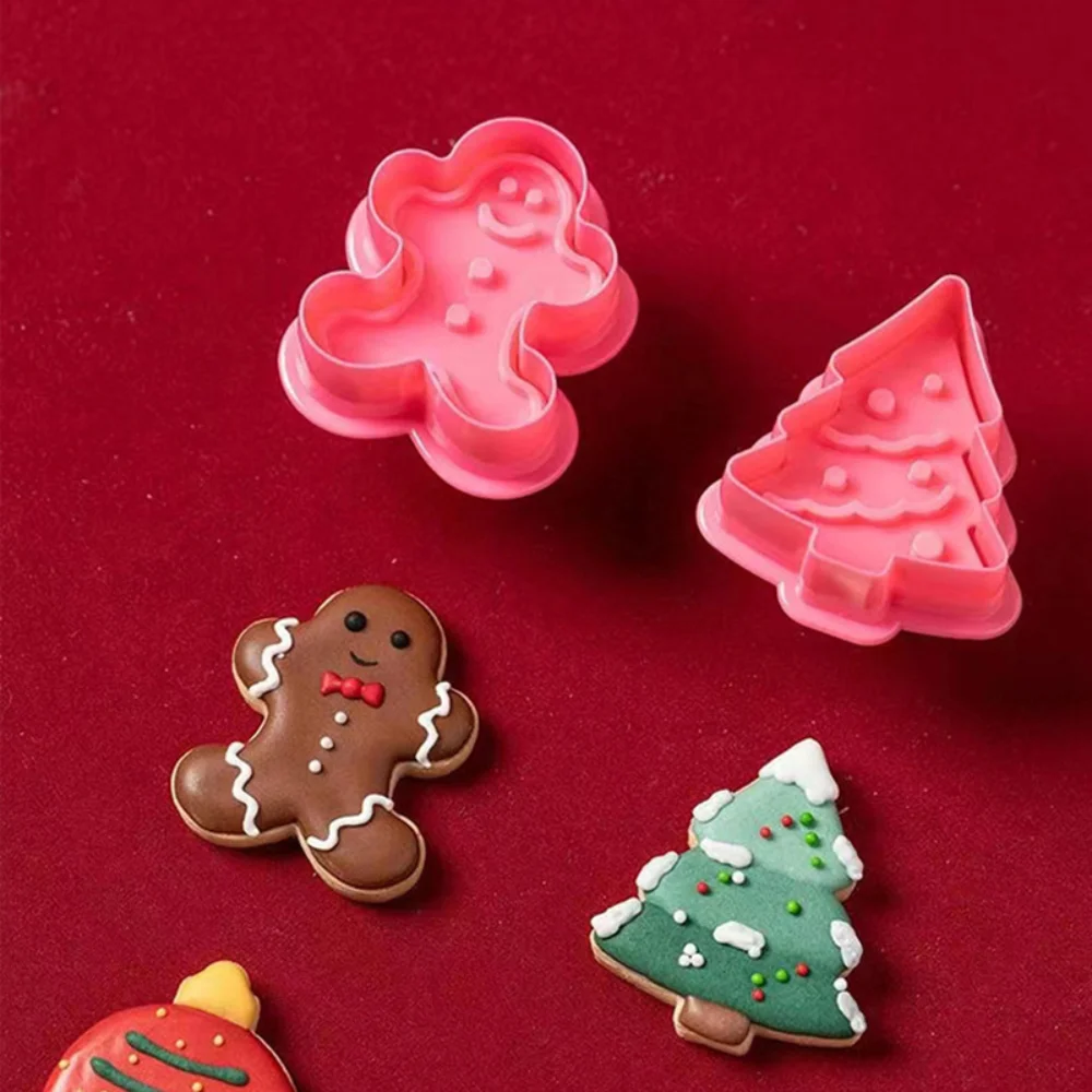

Enipate 4PCS Xmas Cookie Mould 3D Cookie Cartoon Christmas Tree Snowman Spring Press Mould Home Kitchen Cake Baking Tool Set
