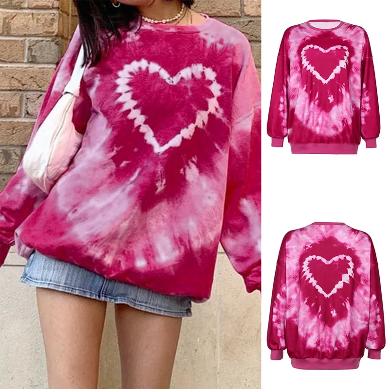 

Autumn And Winter Women's Tie-Dye Gradient Color Love Print Pullover Long-Sleeved Sweater Loose Pink