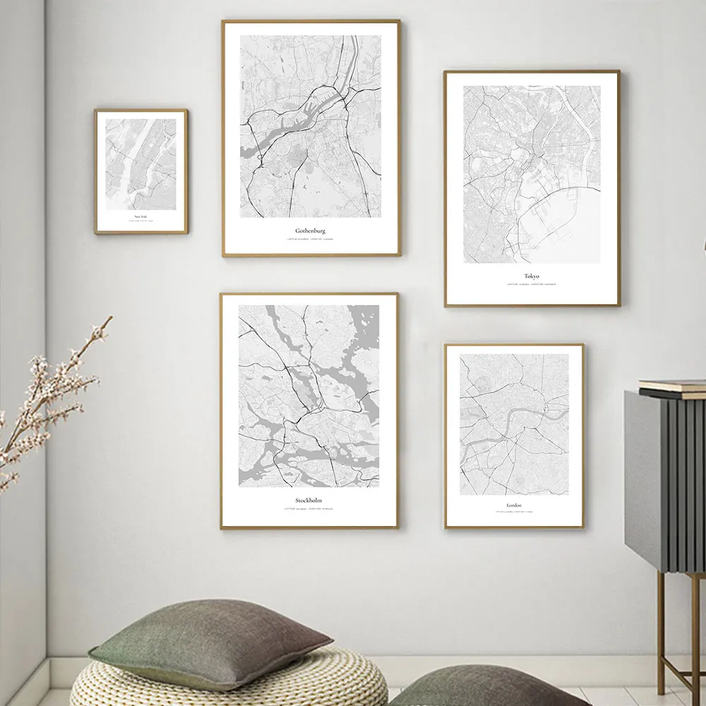 Лондон Нью-Йорк Токио карта стокгольского города черно-белый Принт настенная