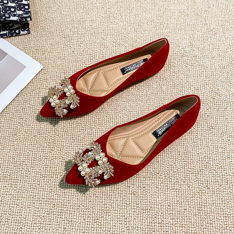 

Женские свадебные туфли, красные туфли на плоской подошве, с острым носком, большой размер 44 45 46, весна-лето