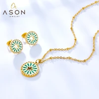 asonsteel stainless steel gold color round shape star hollow out green dripping oil jewelry set for women trendy daily wear