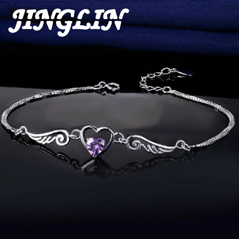 

JINGLIN New 925 Sterling Silver Bracelet Zircon Crystal Angel Heart Bracelet For Woman Charm Jewelry Gift