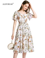 2022 summer flowers chiffon dress v neck high waist floral print beach midi dresses sexy dresses