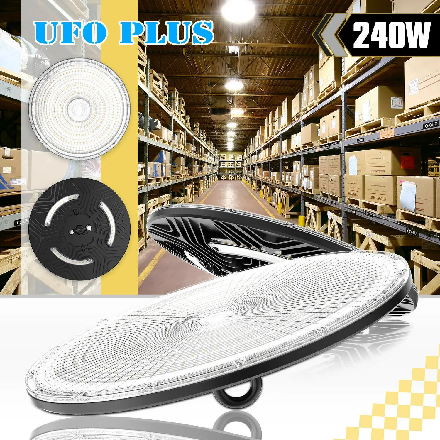 240W UFO LED High Bay Light 33600lm 5000K Daylight Eqv.1000W MH/HPS with 120V US Plug 5’ Cable LED Warehouse Light Area Lighting