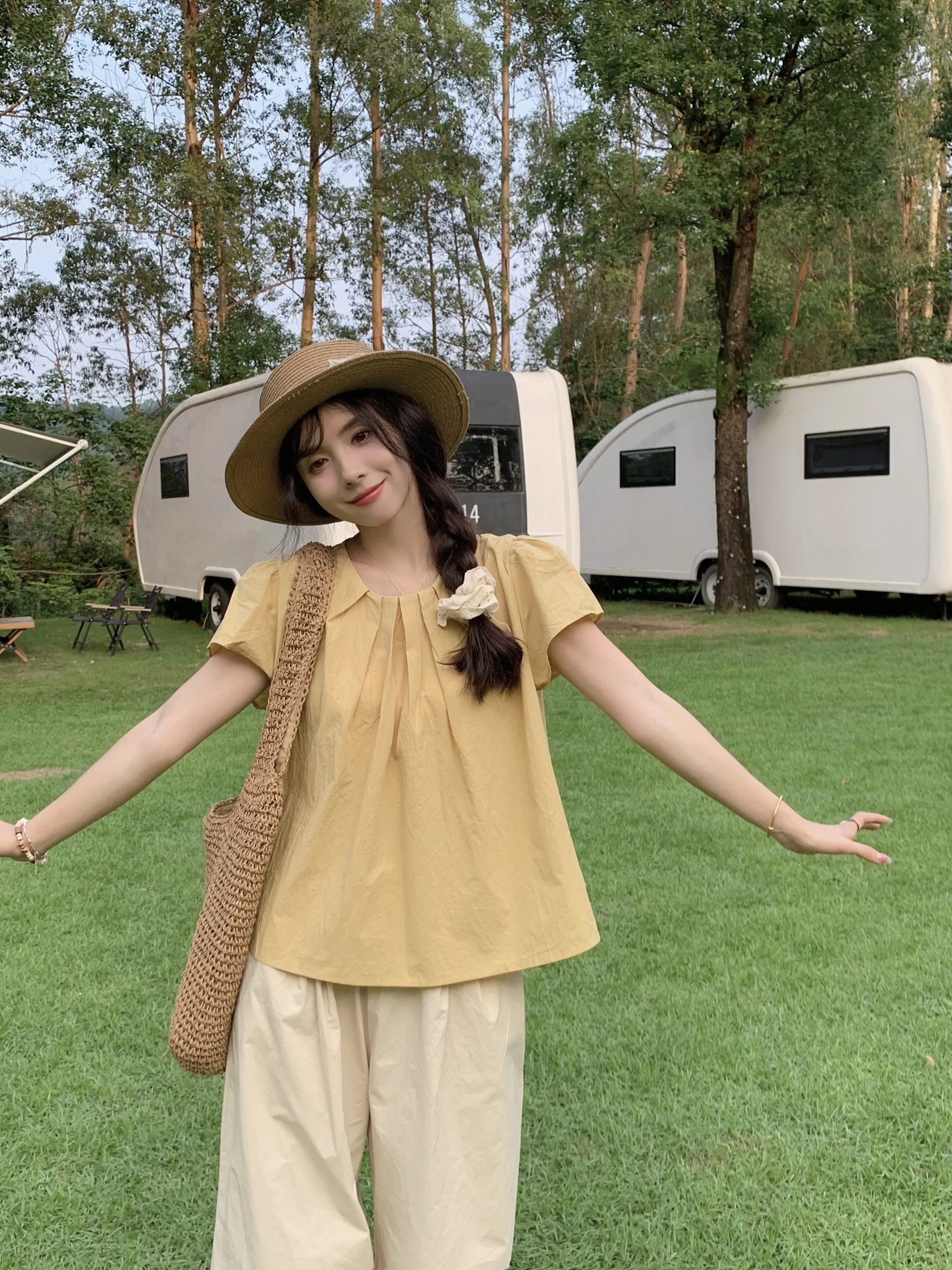 Plus Size WW Weiweijia Plus size round Neck Pleating Short sleeve Top + Elastic Waist Loose Wide Leg Pants Two-piece Set Slim...