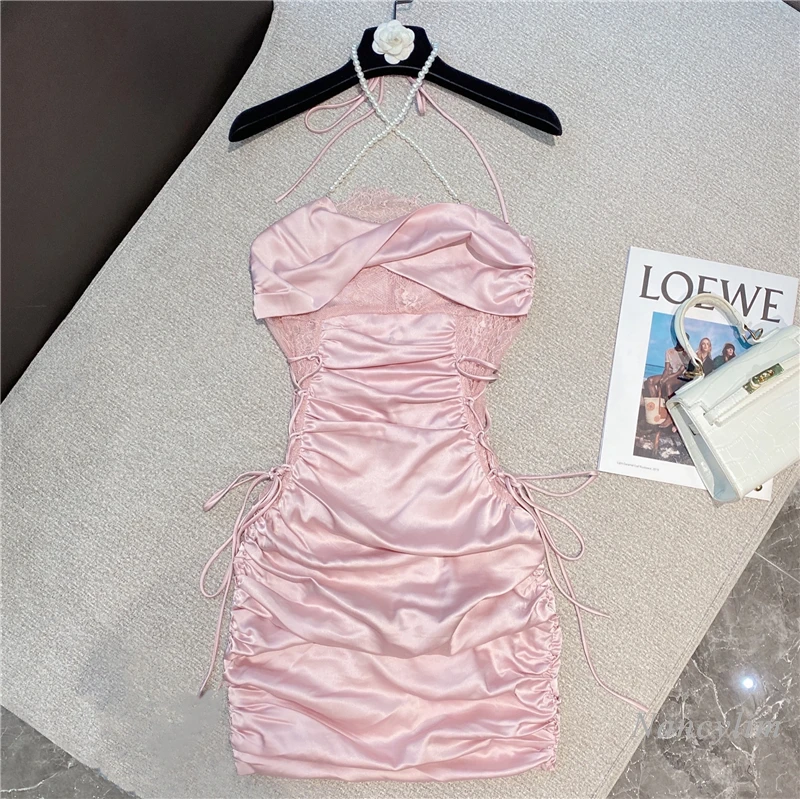 

2022 Summer Sweet Pink Satin Dress Women New Korean Style Double-Sided Lace-up Waist-Controlled Slimming Halter Dresses Femme