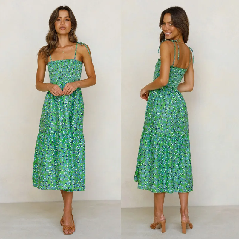 

Женское платье на бретельках без рукавов, Новое привлекательное зеленое клетчатое длинное платье до щиколотки с цветочным принтом, весна-л...