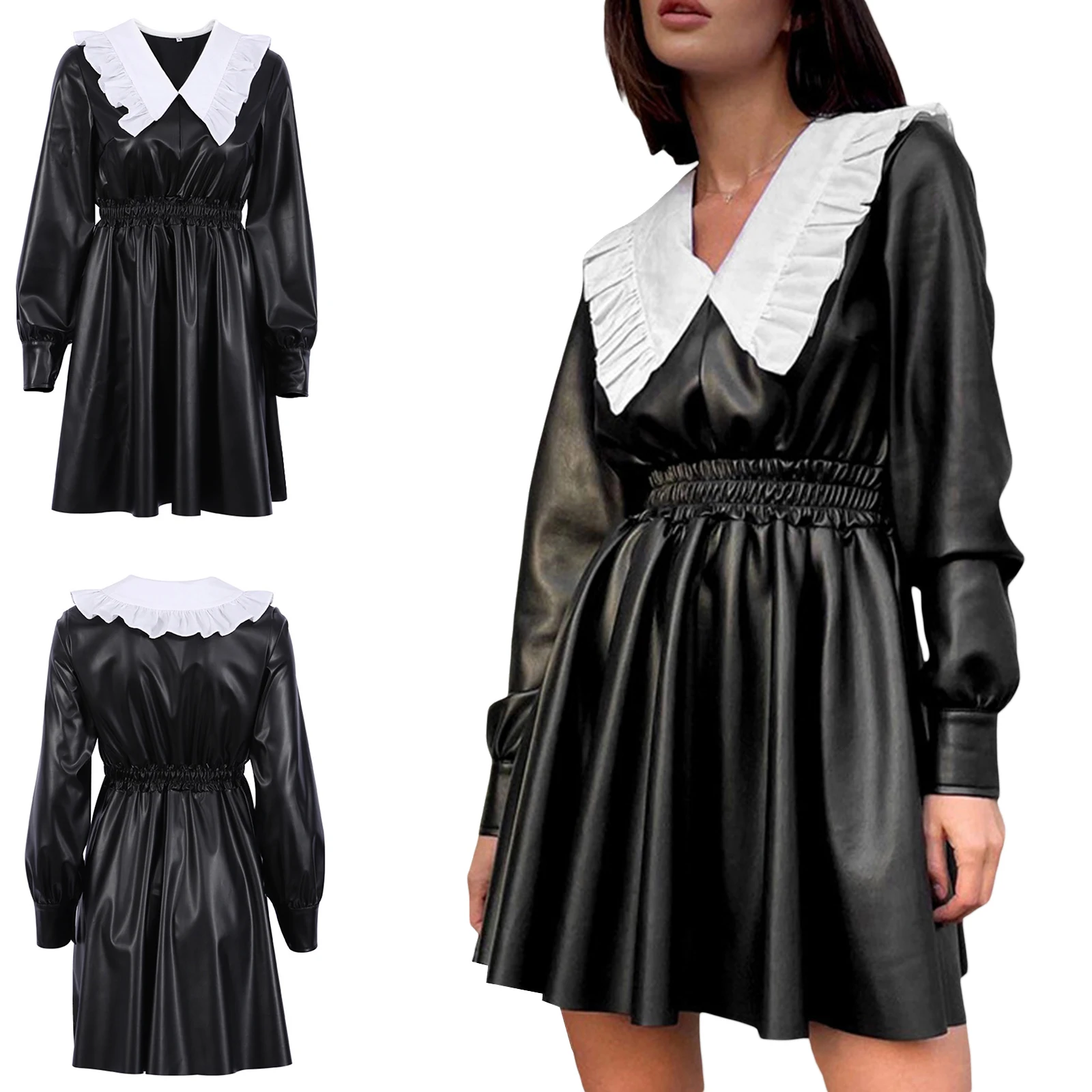 

Fall Spring PU Leather Dress Women Black Contrast Color Frill Doll Collar Long Sleeve Elastic High Waist A-Line Dress Streetwear