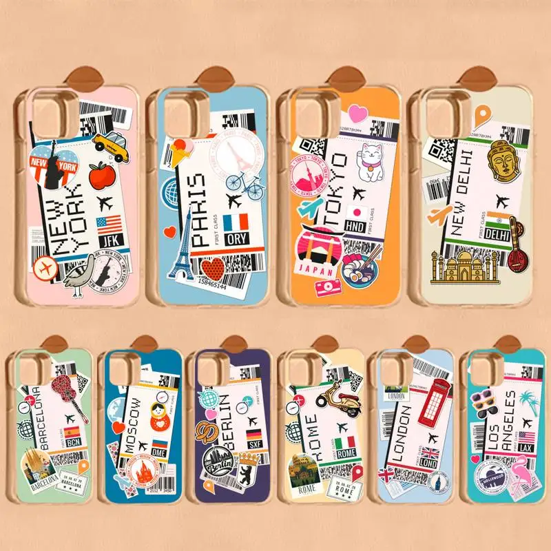 

Airline ticket city tourism Phone Case For iPhone 14 13 12 11 Pro Max XS X XR SE 2020 6 7 8 Plus Mini Transparent Shell