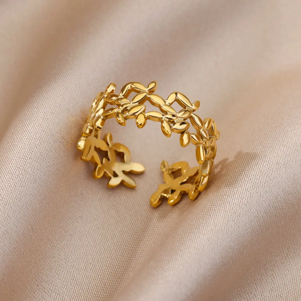 

Stainless Steel Flower Garland Rings For Women Gold Color Open Engagement Wedding Party Ring Female Fashion Finger Jewelry Gift