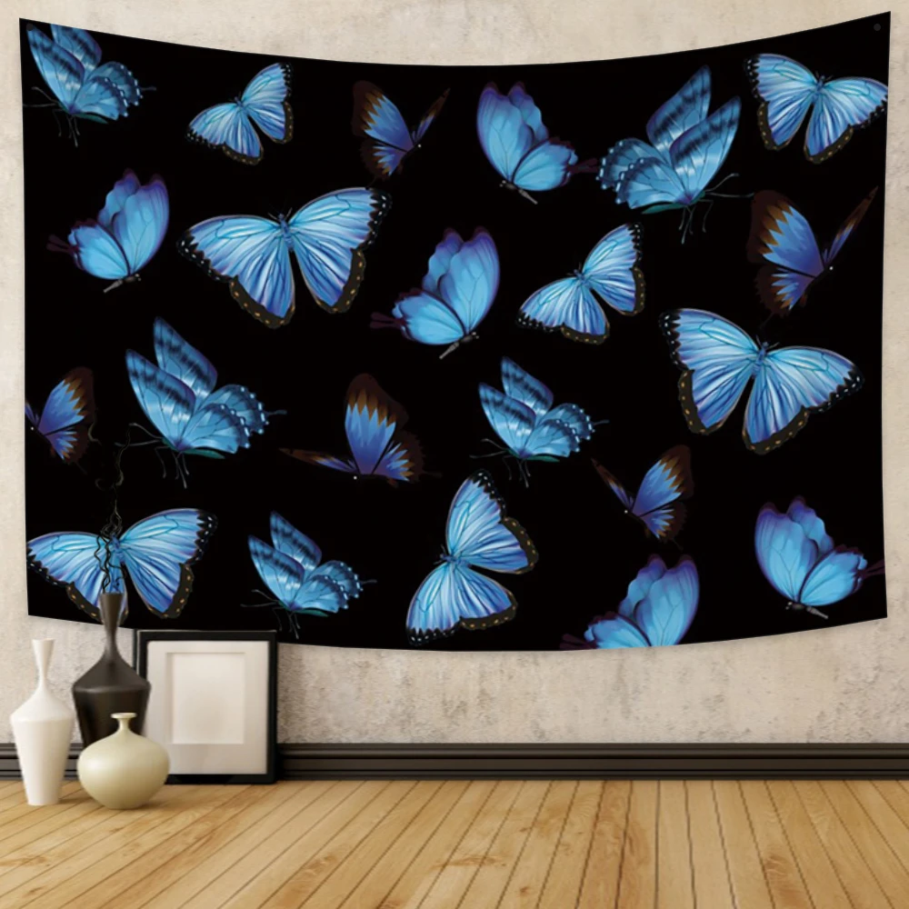 

Black Tapestry Fantasy Blue Butterfly Tapestry Wall Hanging Bohemian Psychedelic Wall Decoration Beach Towel Yoga Blanket